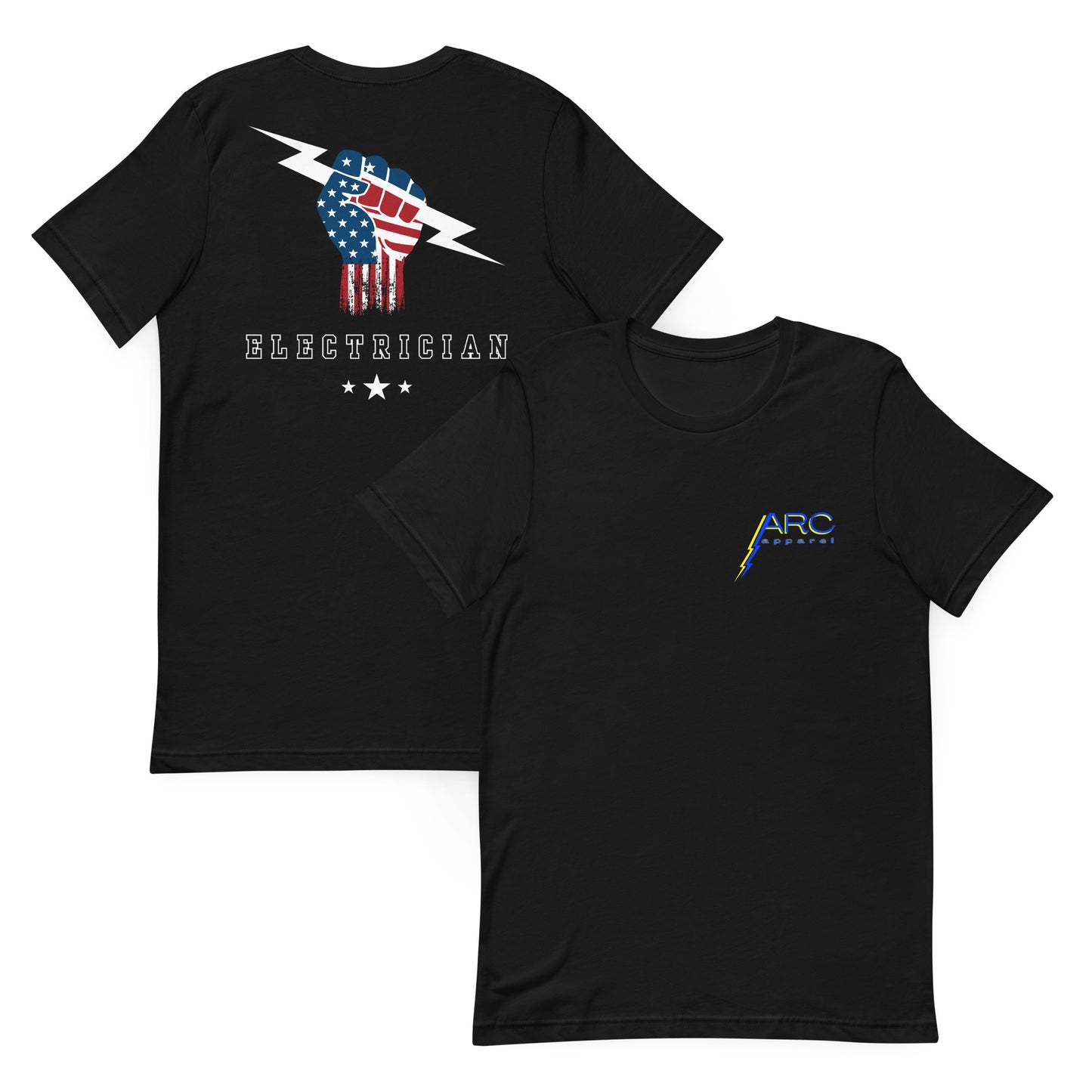 black shirt with USA flag fist holding lightning bolt and bold electrician text and stars underneath. on front arc apparel logo.