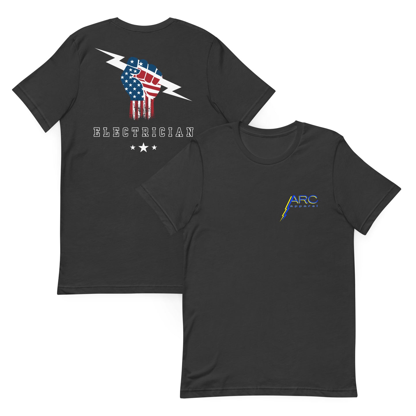 grey shirt with USA flag fist holding lightning bolt and bold electrician text and stars underneath. on front arc apparel logo