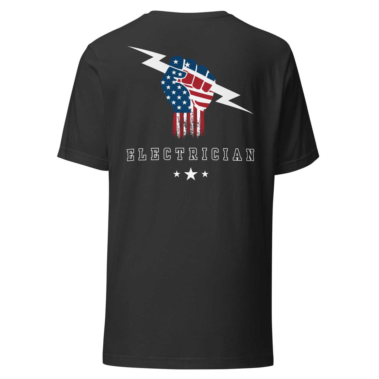 grey shirt with USA flag fist holding lightning bolt and bold electrician text and stars underneath