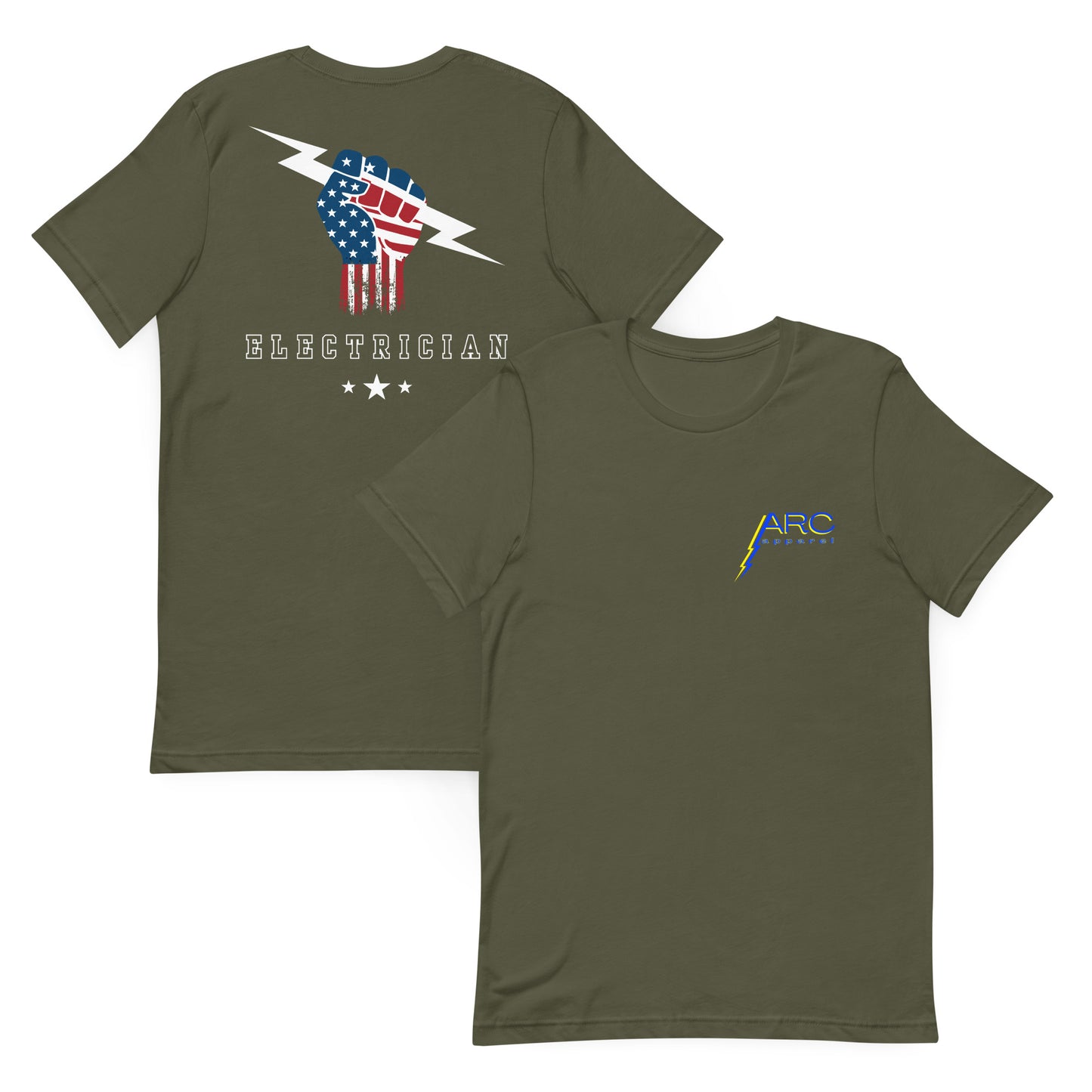 green shirt with USA flag fist holding lightning bolt and bold electrician text and stars underneath. on front arc apparel logo