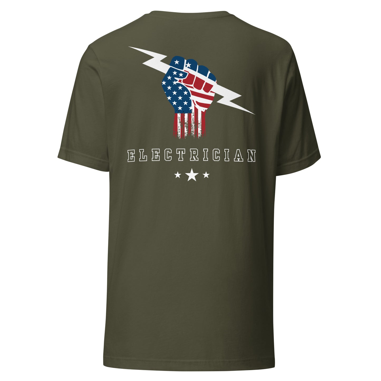 Green shirt with USA flag fist holding lightning bolt and bold electrician text and stars underneath