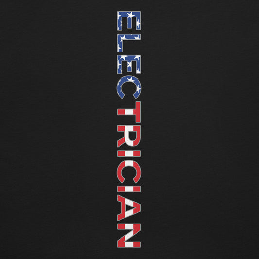 close up black shirt with electrician text down the back in a USA flag pattern