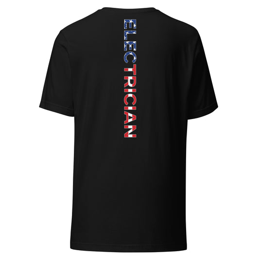 black shirt with electrician text down the back in a USA flag pattern