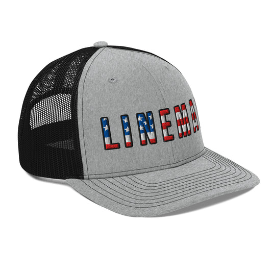 Side view Grey front black back hat with lineman text in USA flag pattern