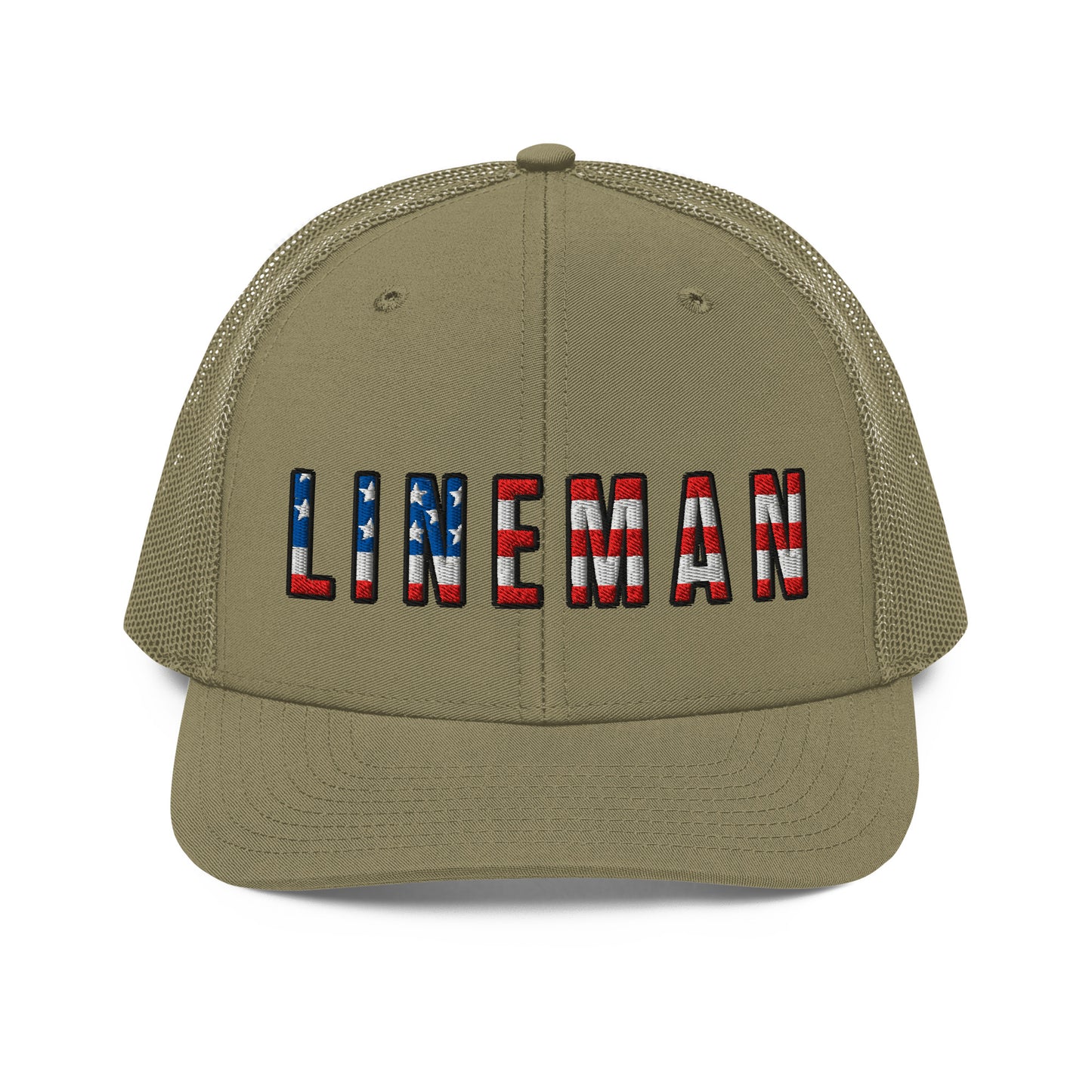 All green hat with lineman text in USA flag pattern