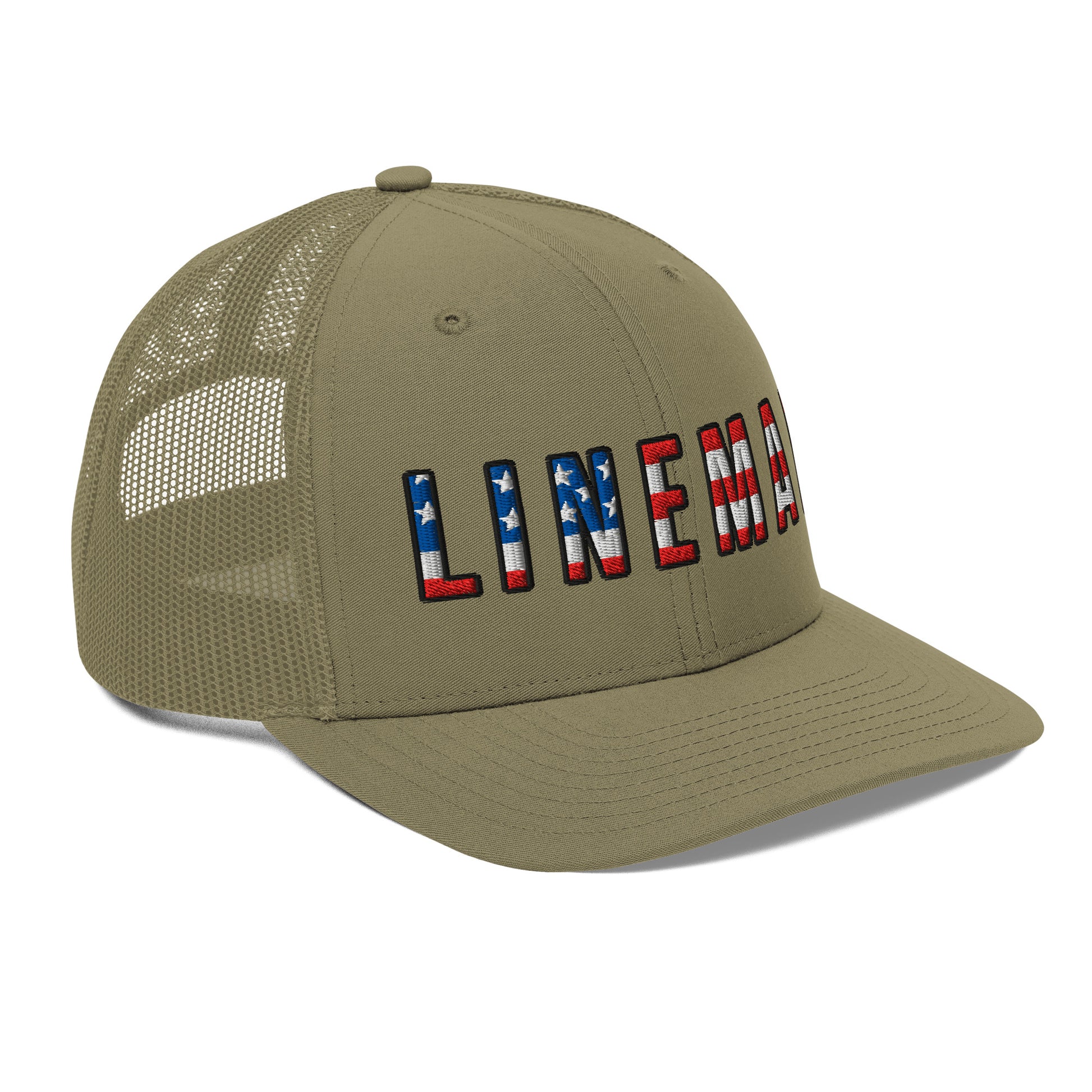 Side view all green hat with lineman text in USA flag pattern