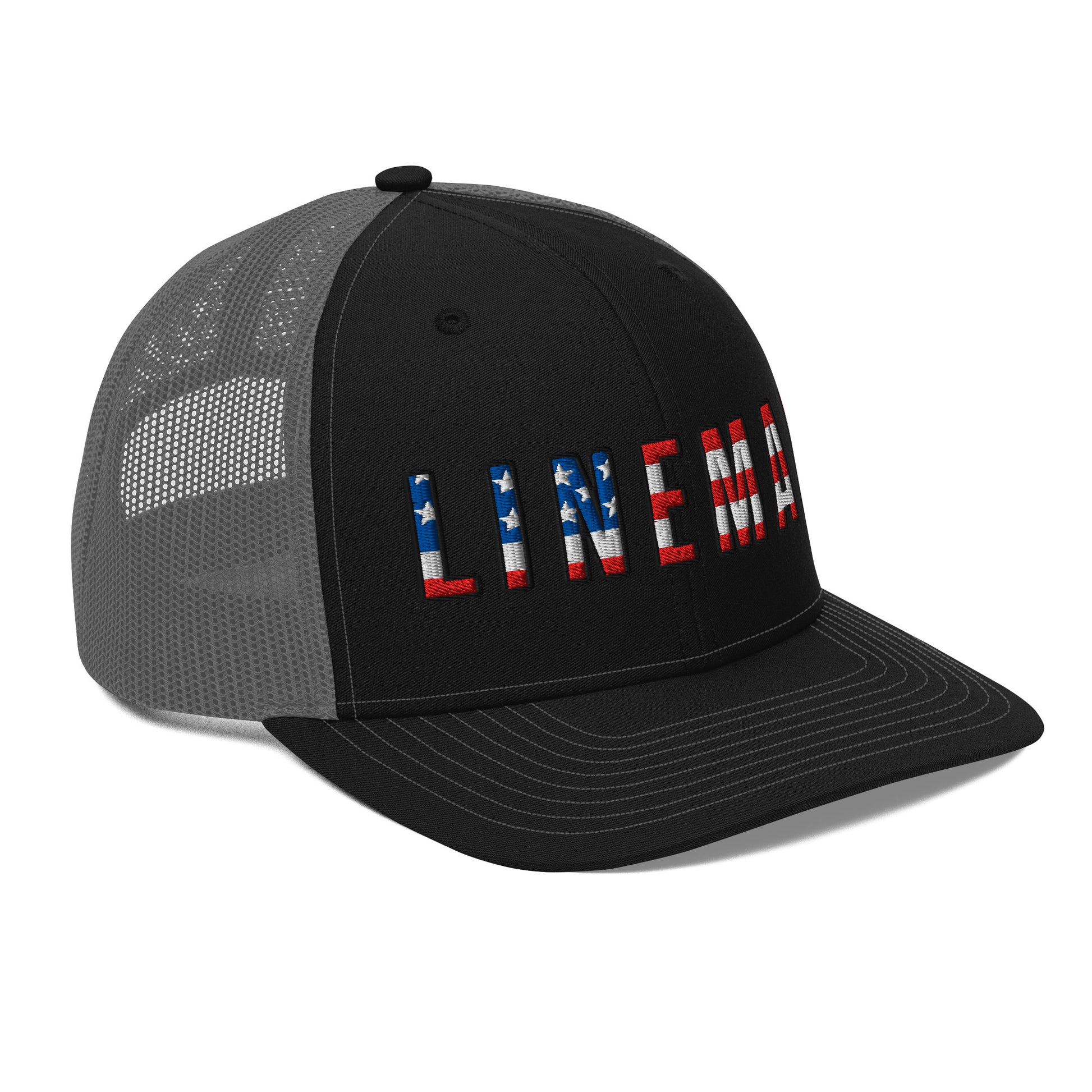 Side view Black front grey back hat with lineman text in USA flag pattern