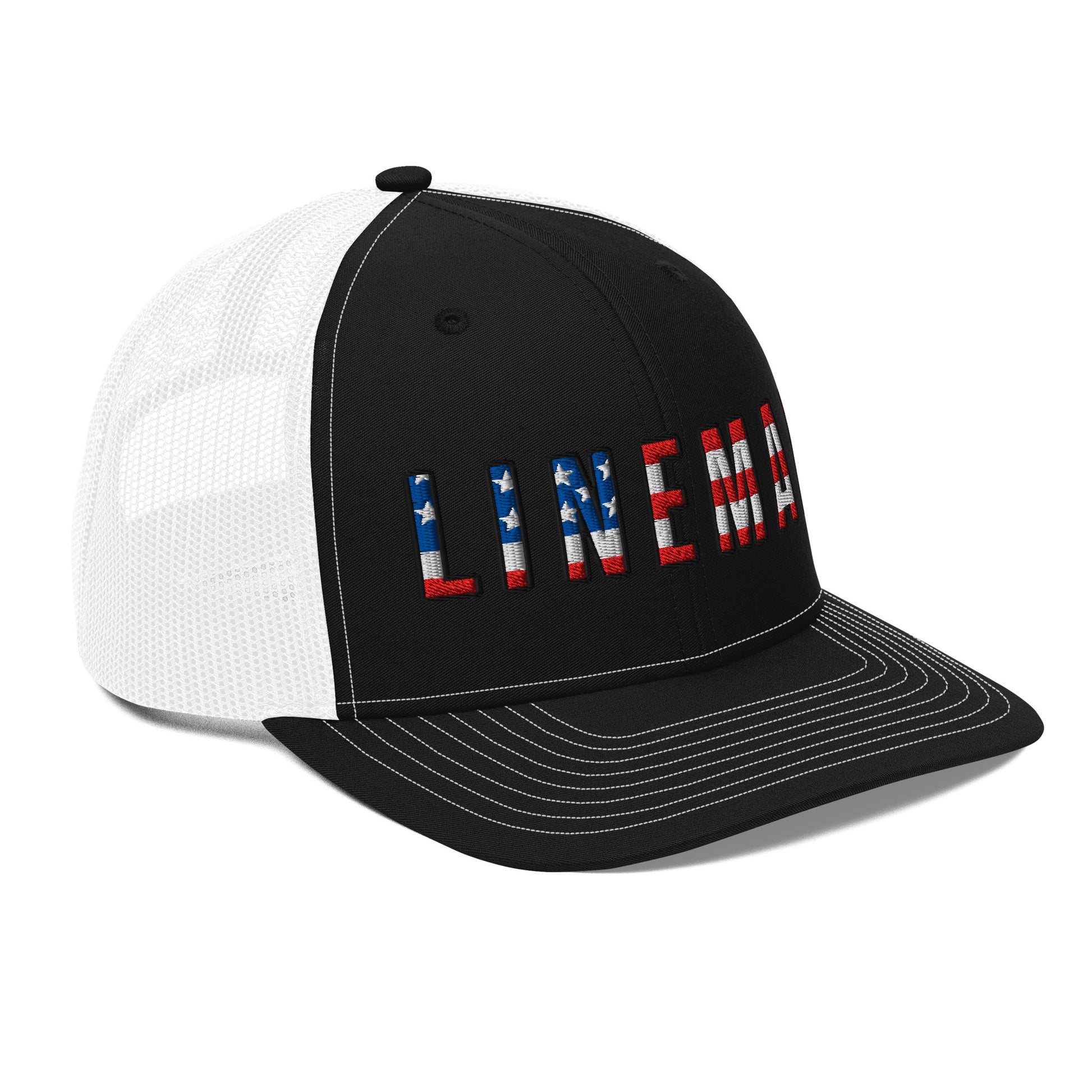 Side view Black front white back hat with lineman text in USA flag pattern