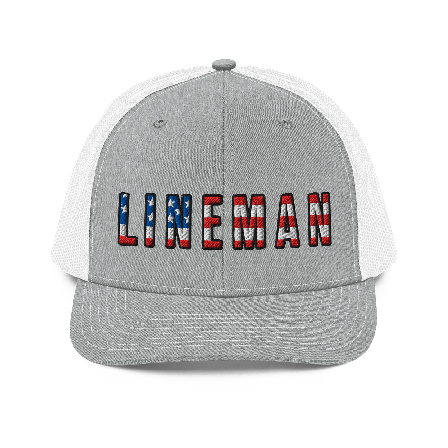 Grey front white back hat with lineman text in USA flag pattern