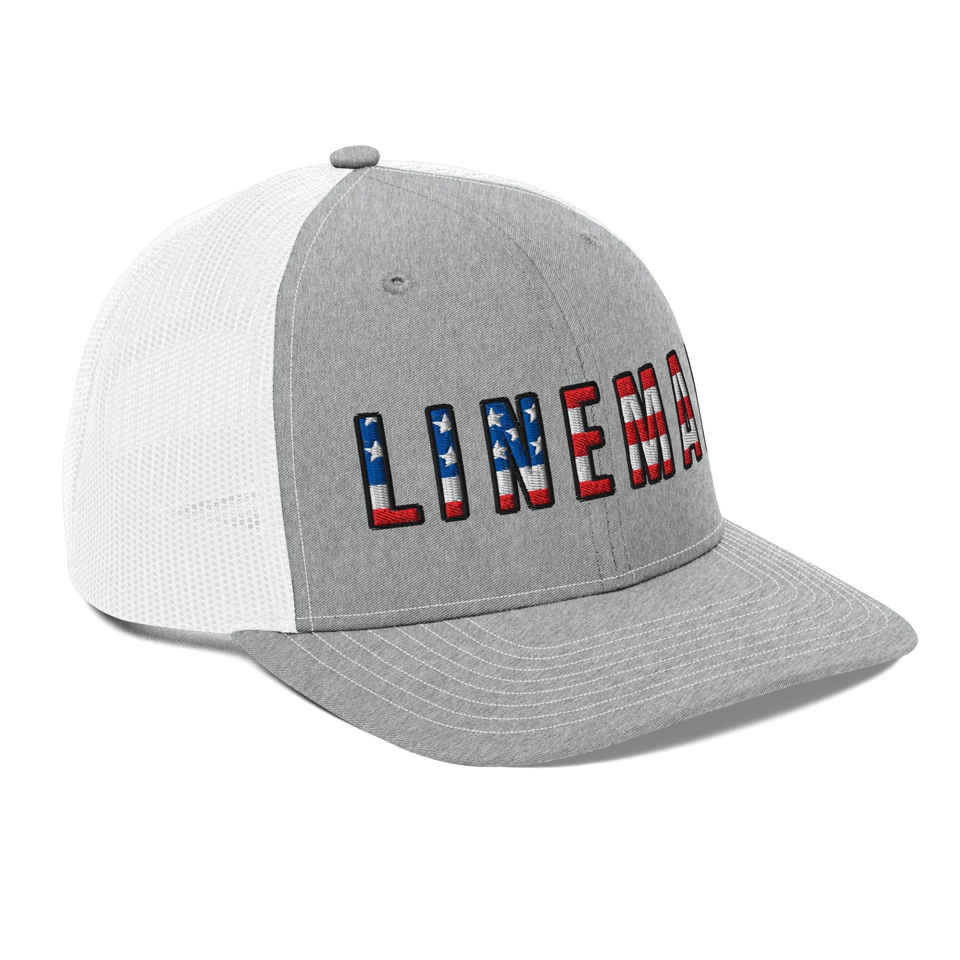 Side view Grey front white back hat with lineman text in USA flag pattern
