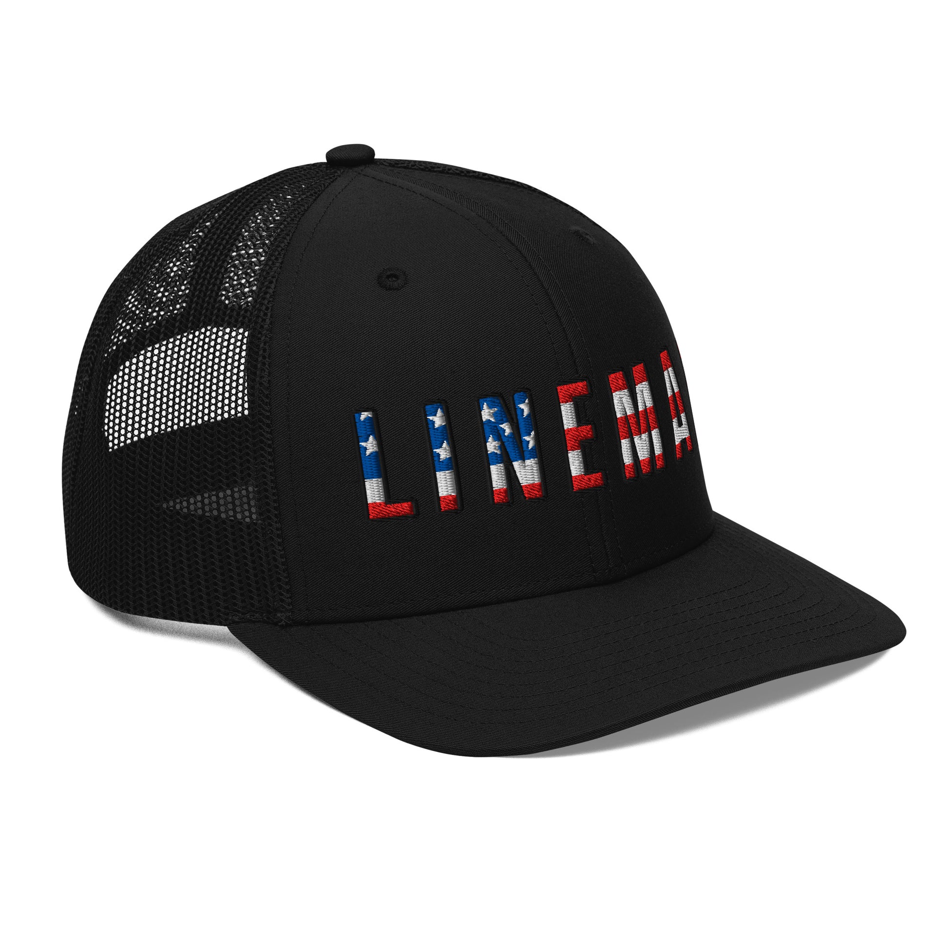 Side view all black hat with lineman text in USA flag pattern