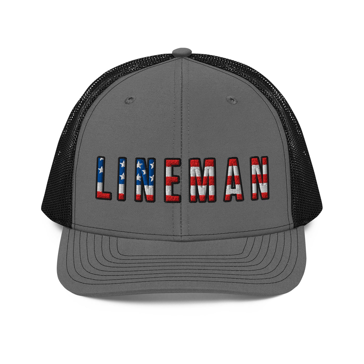 Charcoal front black back hat with lineman text in USA flag pattern