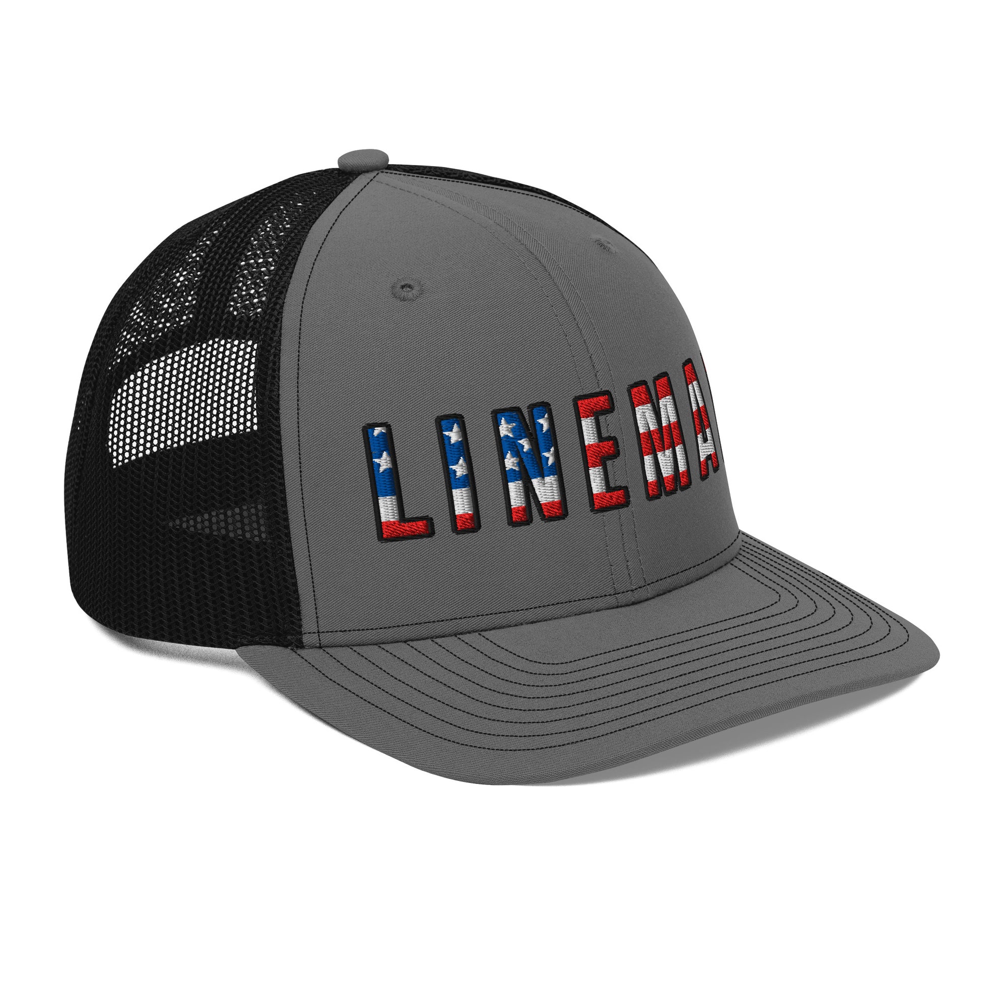 Side view Charcoal front black back hat with lineman text in USA flag pattern