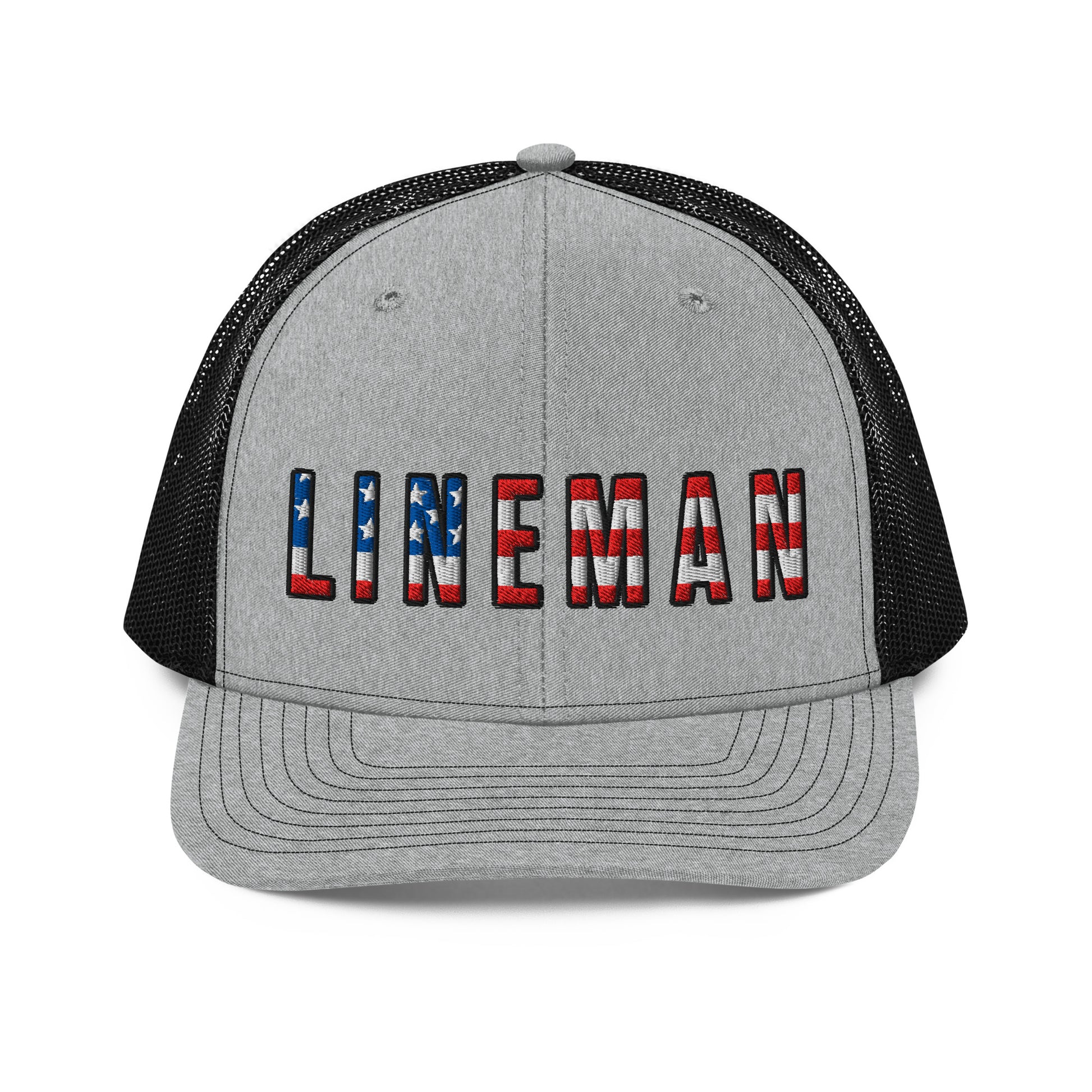Grey front black back hat with lineman text in USA flag pattern