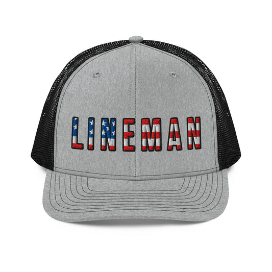 Grey front black back hat with lineman text in USA flag pattern
