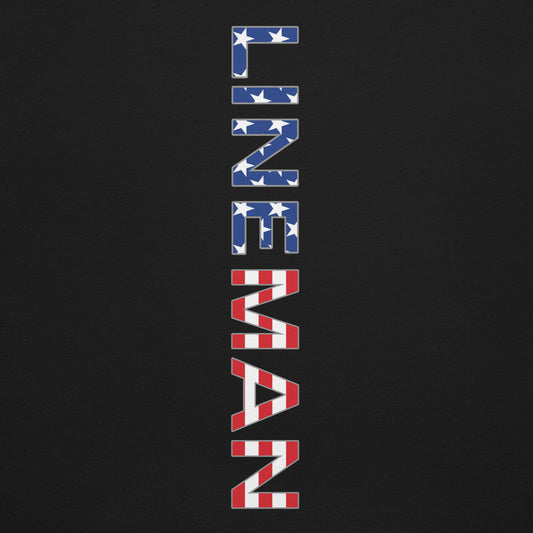 close up of Black shirt with lineman text down the back in a USA flag pattern
