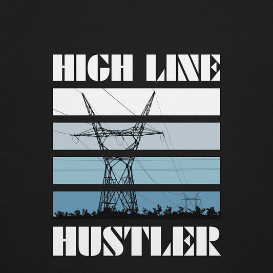 Close up Black high voltage lineman shirt. Power line transmission tower silhouette and high line hustler text.