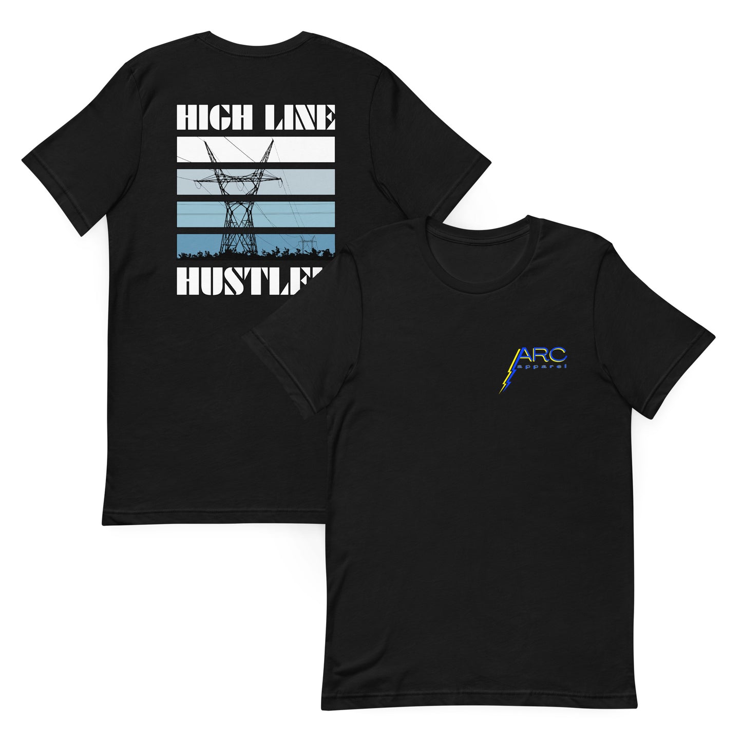 Black high voltage lineman shirt. Power line transmission tower silhouette and high line hustler text. Arc apparel logo on front