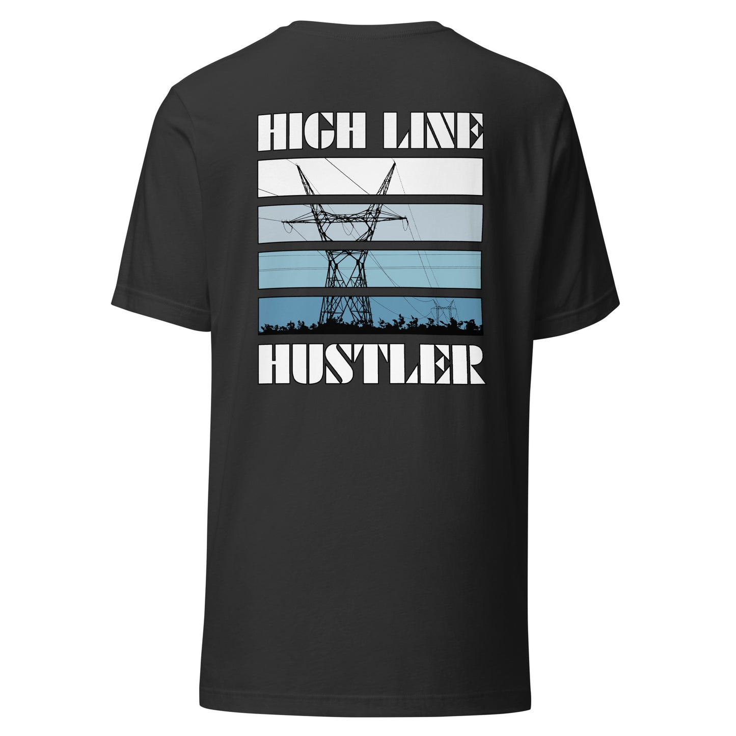 Grey high voltage lineman shirt. Power line transmission tower silhouette and high line hustler text.