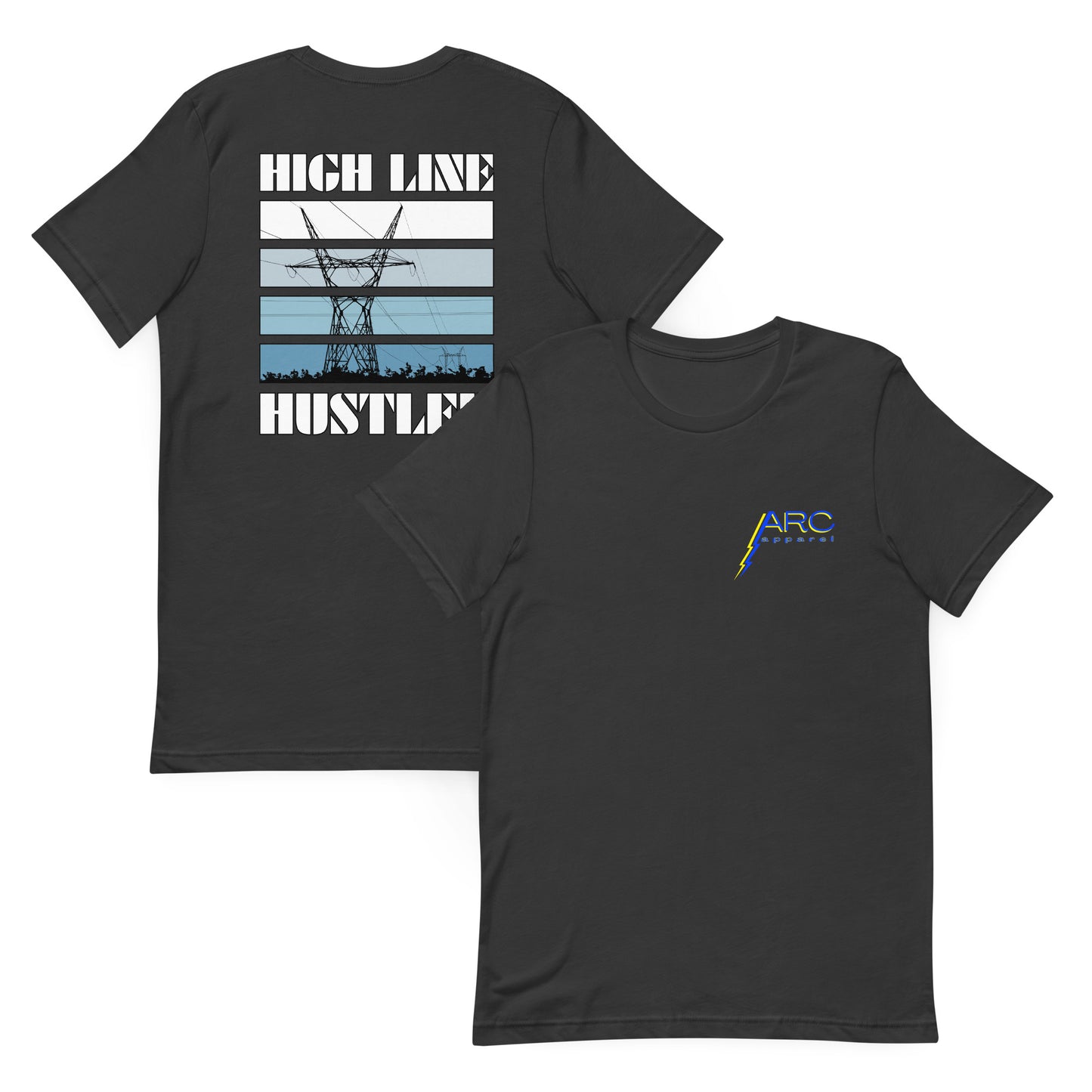 Grey high voltage lineman shirt. Power line transmission tower silhouette and high line hustler text. ARC apparel logo on front