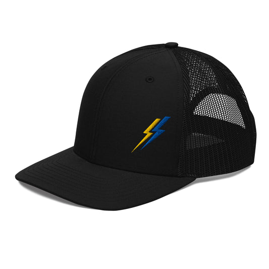 Side view lineman and electrician hat. ARC Apparel lightning bolts on front left side. All black