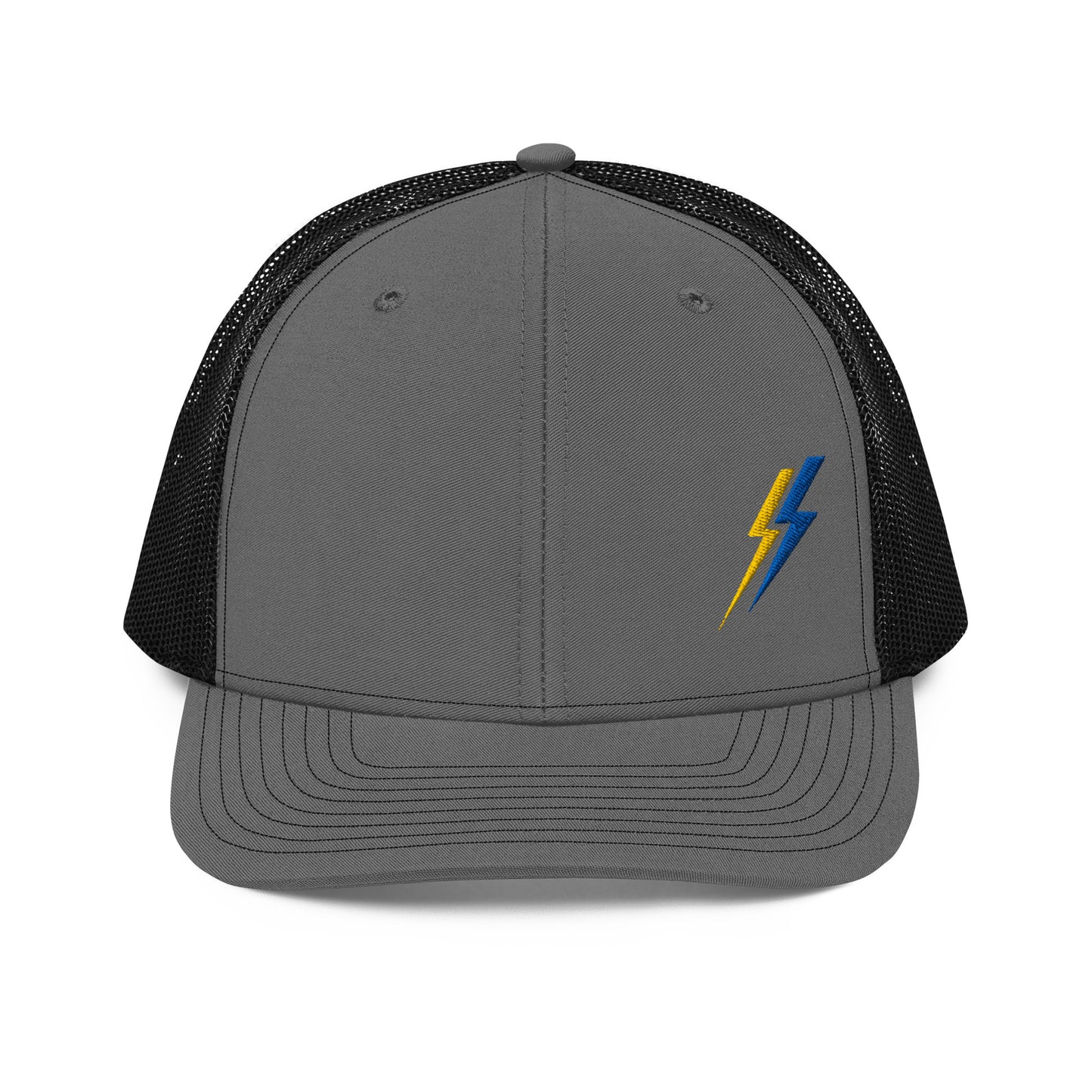Lineman and electrician hat. ARC Apparel lightning bolts on front left side. Grey front black back