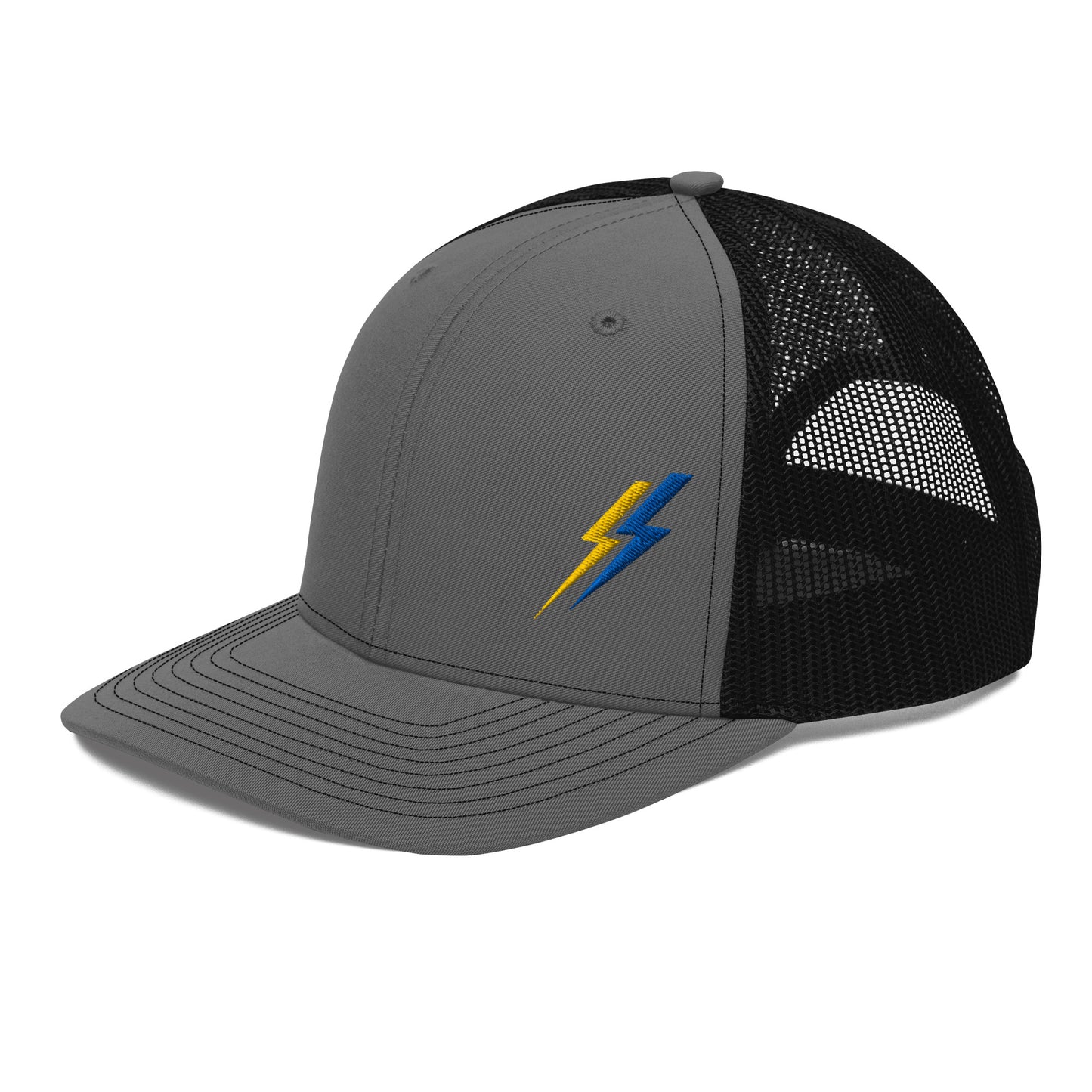 Side view Lineman and electrician hat. ARC Apparel lightning bolts on front left side. Grey front black back