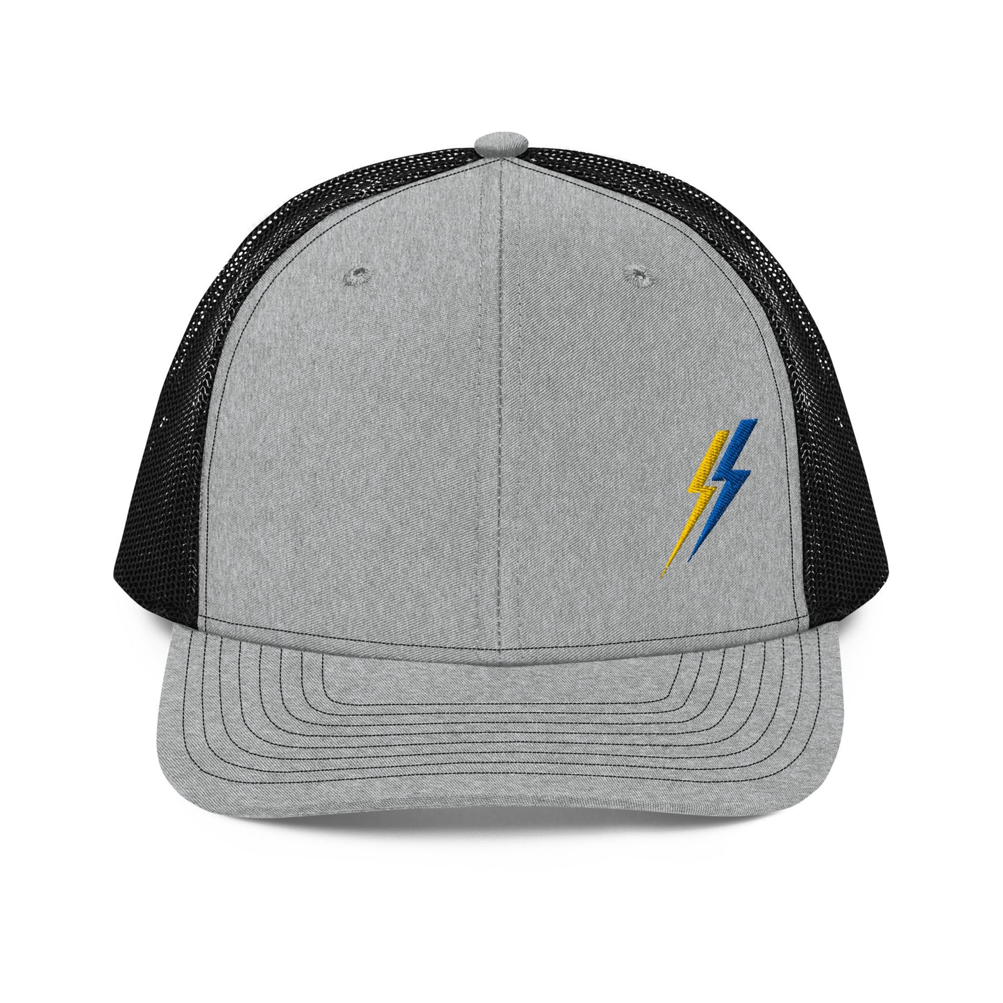 Lineman and electrician hat. ARC Apparel lightning bolts on front left side. Grey Front black back