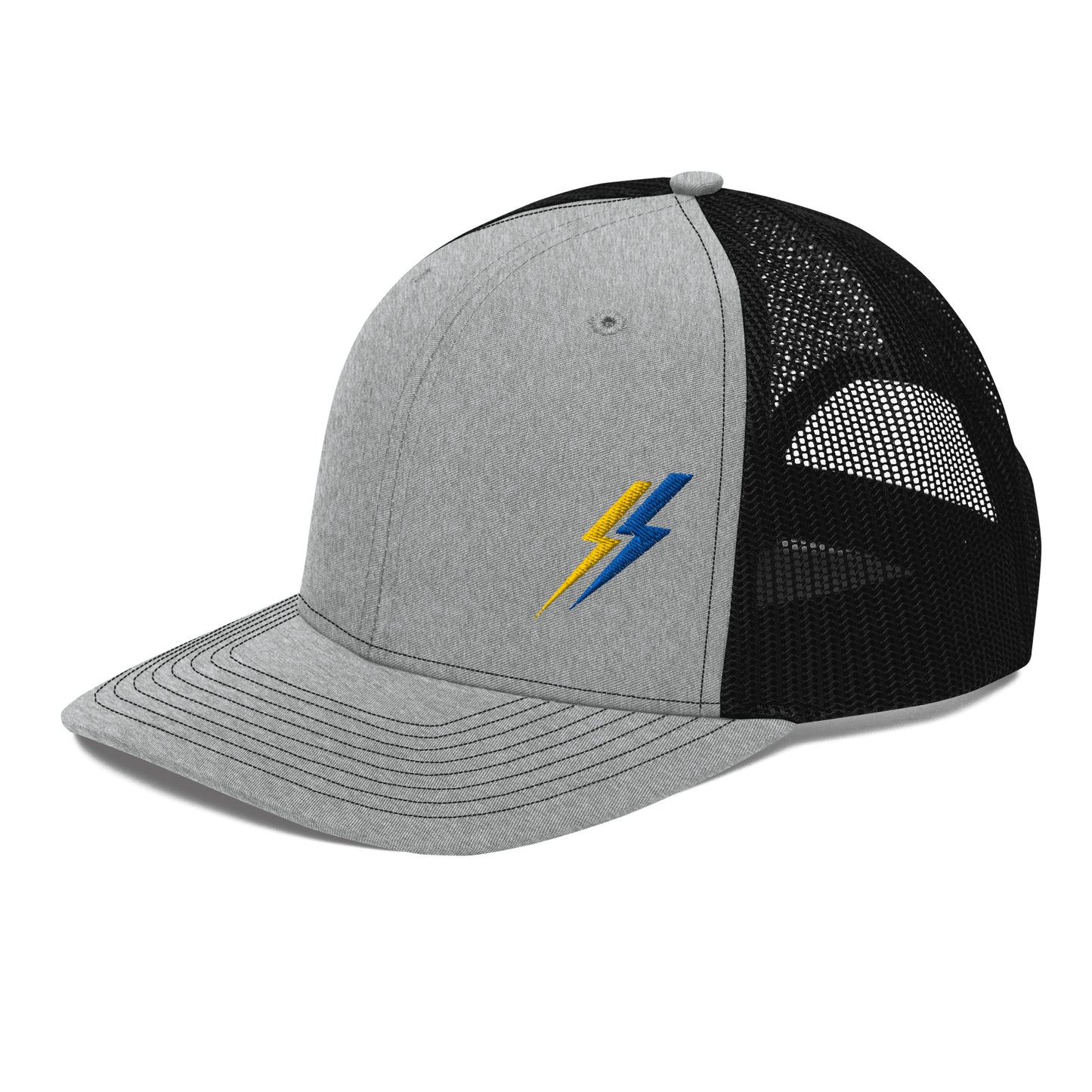Side view lineman and electrician hat. ARC Apparel lightning bolts on front left side. Grey Front black back
