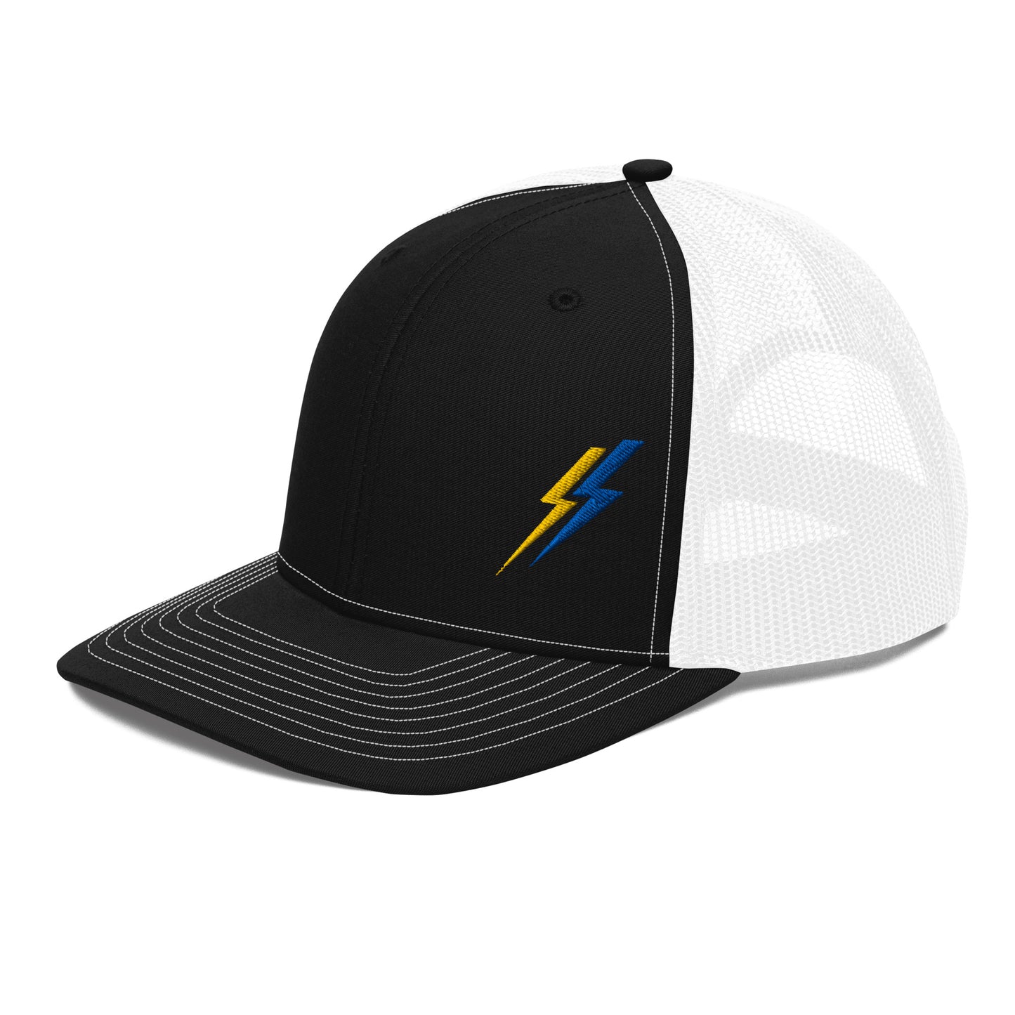 Side view Lineman and electrician hat. ARC Apparel lightning bolts on front left side. Black front white back