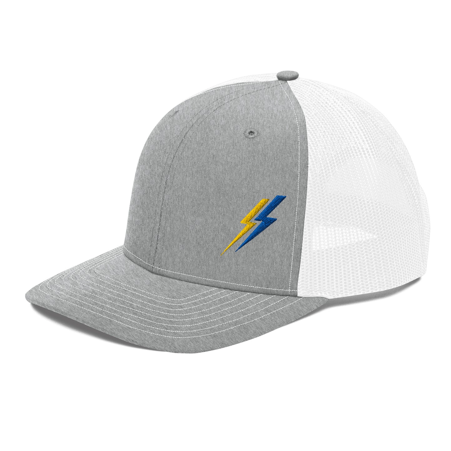 Side view Lineman and electrician hat. ARC Apparel lightning bolts on front left side. Grey front white back