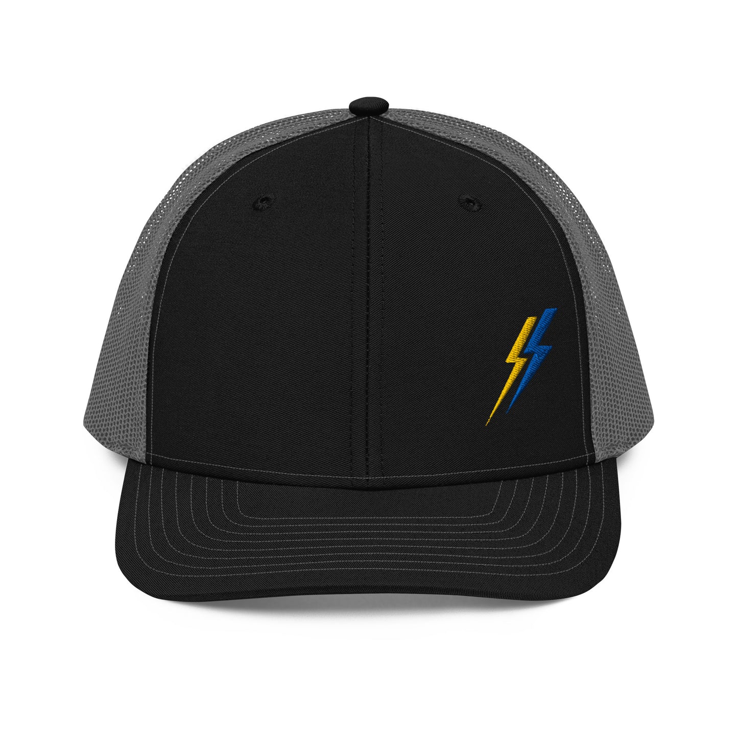 Lineman and electrician hat. ARC Apparel lightning bolts on front left side. Black front grey back