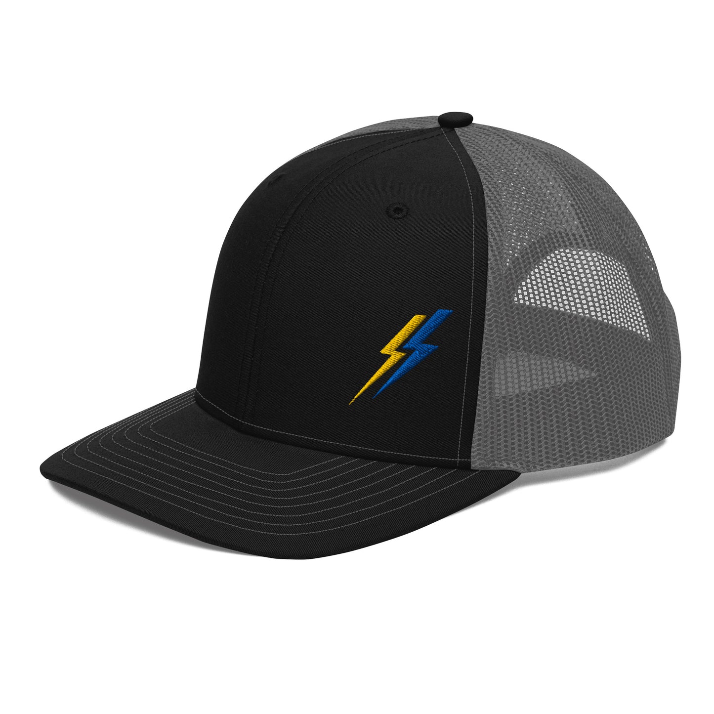 Side view Lineman and electrician hat. ARC Apparel lightning bolts on front left side. Black front grey back