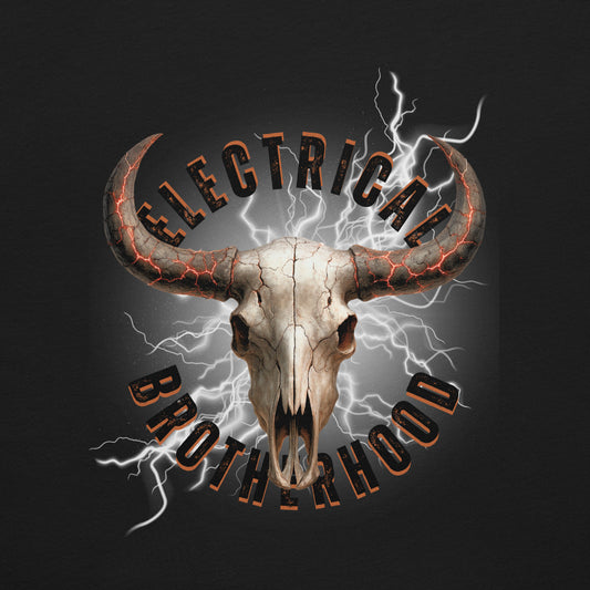 Close up black shirt for linemen and electricians. Bull skull with 'Electrical Brotherhood' text and lightning effects.