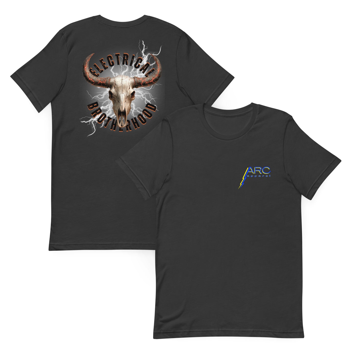Grey shirt for linemen and electricians. Bull skull with 'Electrical Brotherhood' text and lightning effects. ARC Apparel logo on front