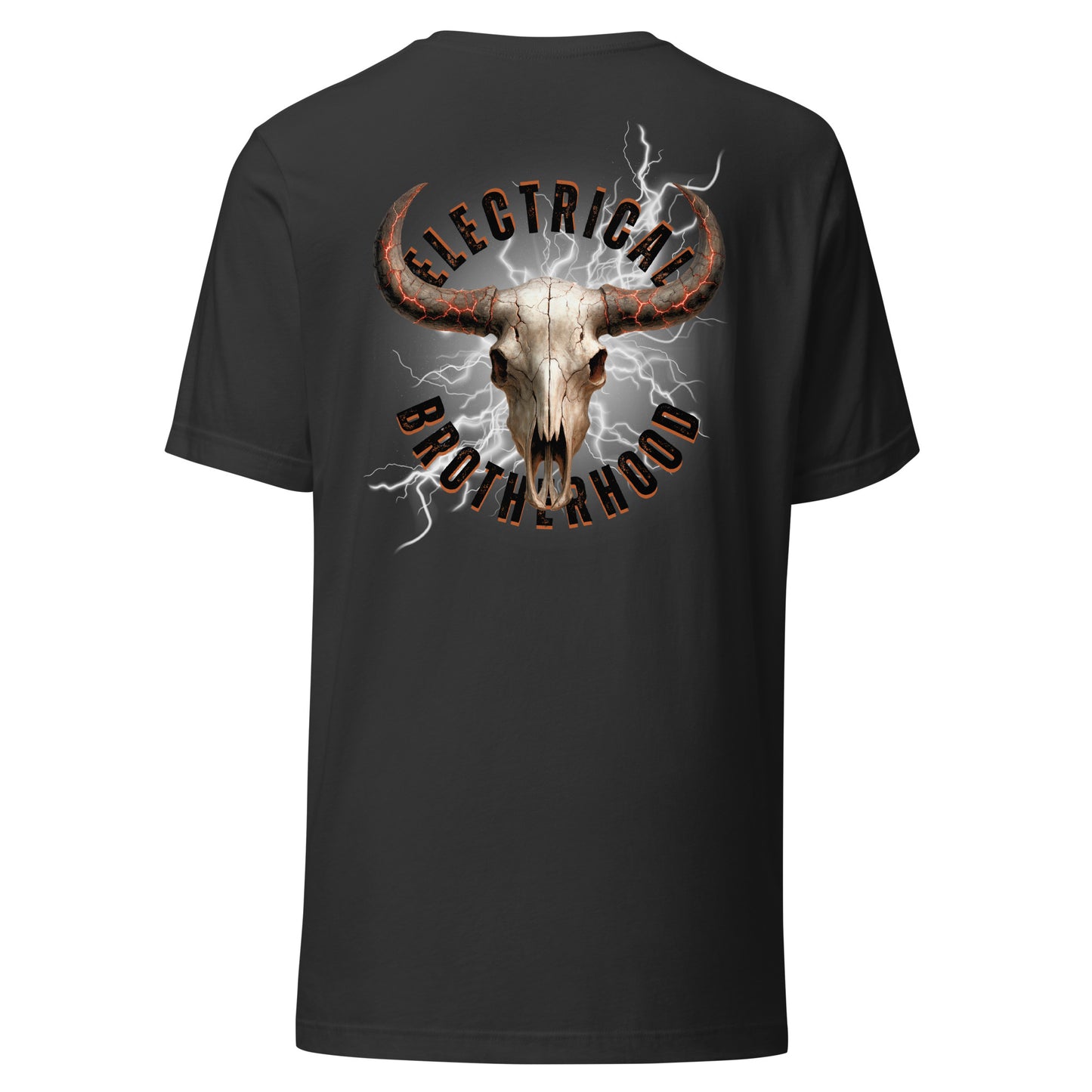 Grey shirt for linemen and electricians. Bull skull with 'Electrical Brotherhood' text and lightning effects.