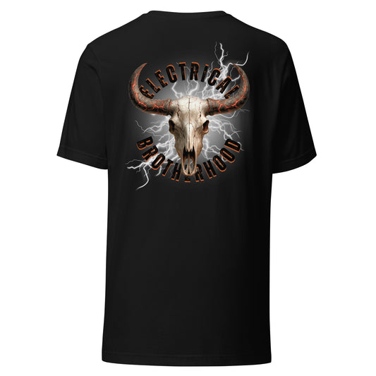 Black shirt for linemen and electricians. Bull skull with 'Electrical Brotherhood' text and lightning effects.
