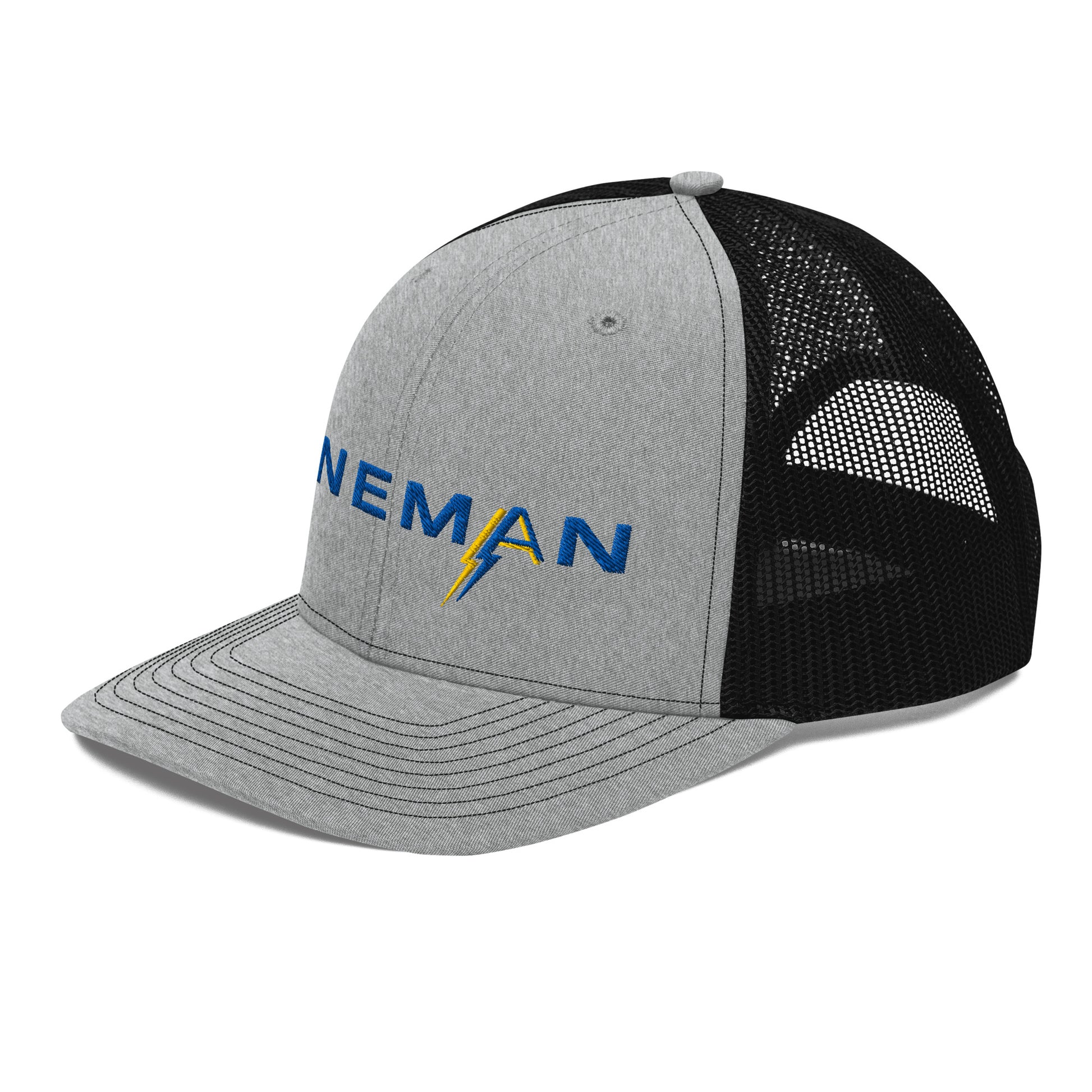 side of grey front black back Richardson Snapback trucker hat for linemen. ARC Apparel branded A in the word lineman.