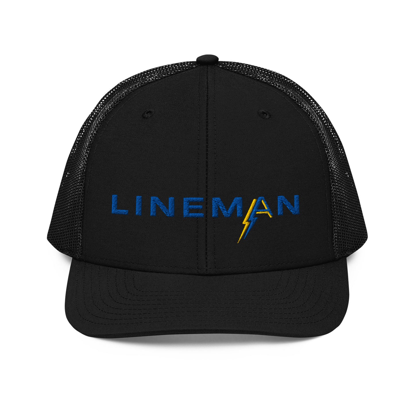 all black Richardson Snapback trucker hat for linemen. ARC Apparel branded A in the word lineman.