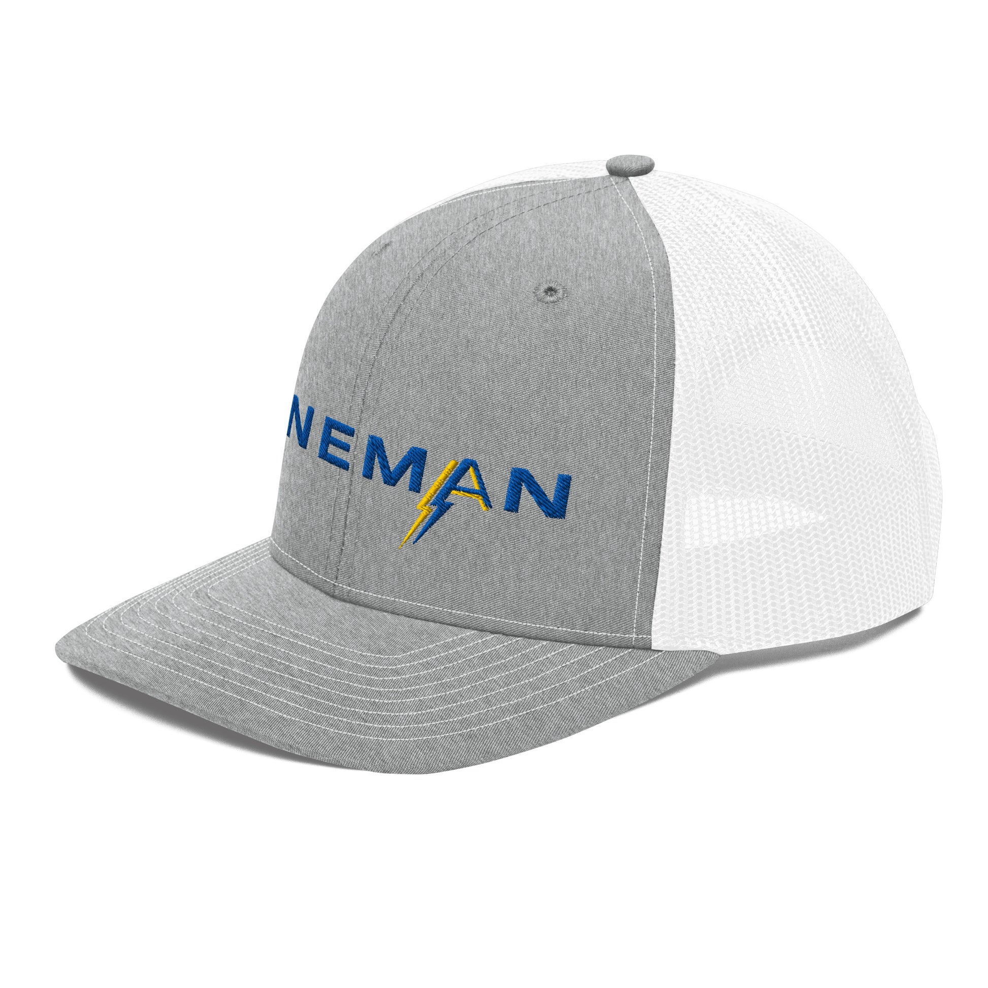 side of grey front white back Richardson Snapback trucker hat for linemen. ARC Apparel branded A in the word lineman.