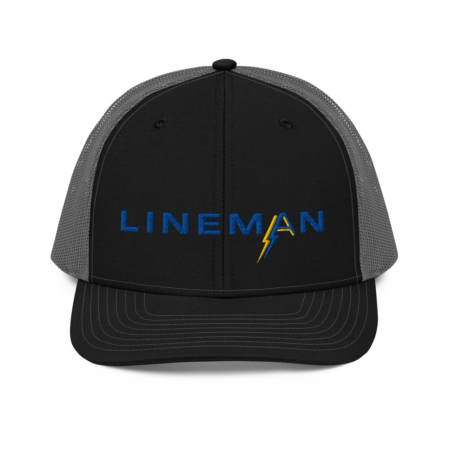 black front grey back Richardson Snapback trucker hat for linemen. ARC Apparel branded A in the word lineman.