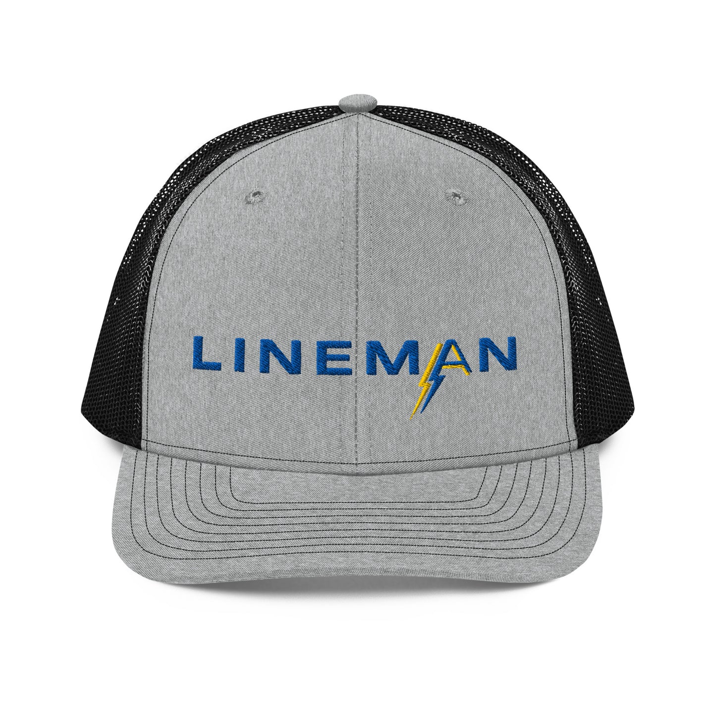 grey front black back Richardson Snapback trucker hat for linemen. ARC Apparel branded A in the word lineman.