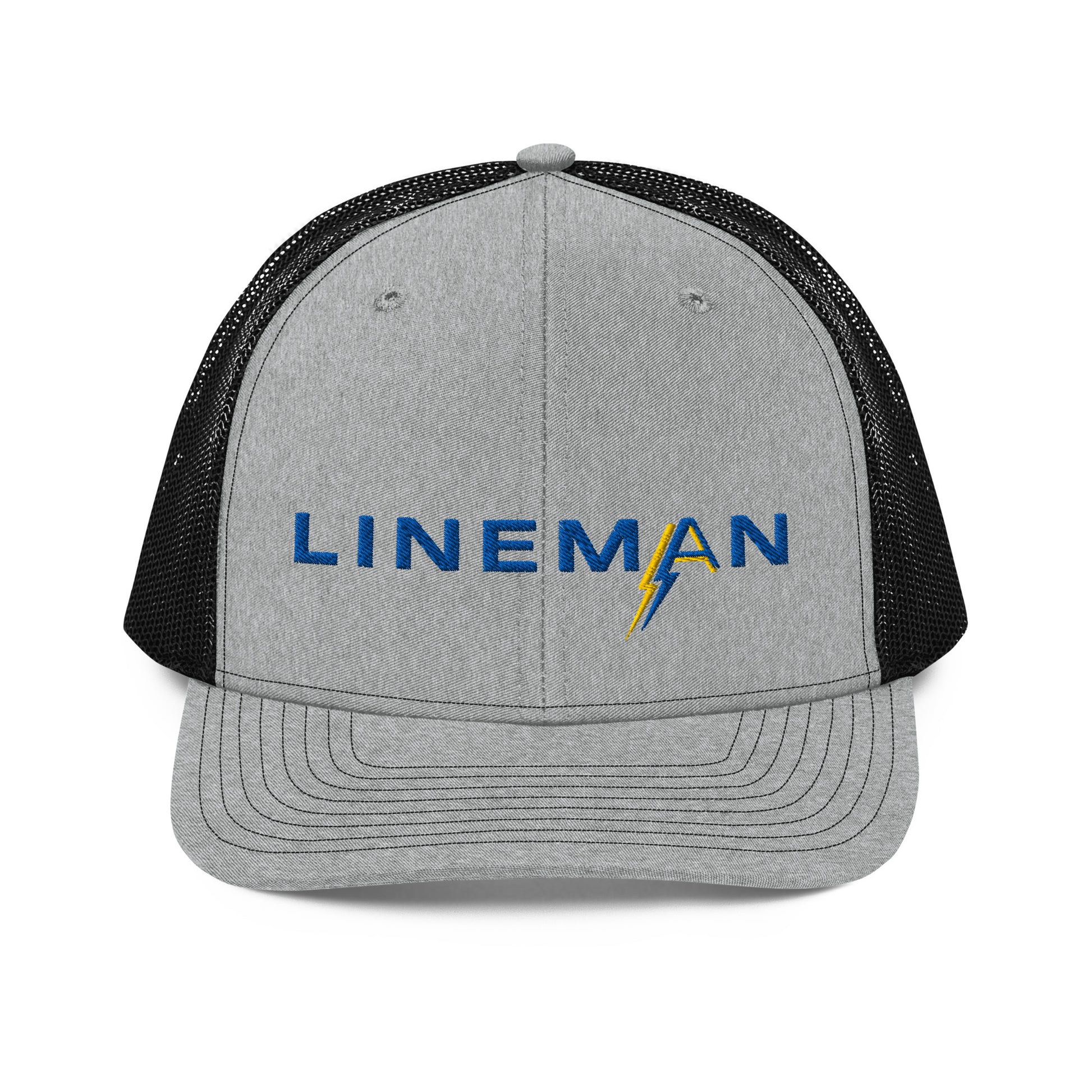 grey front black back Richardson Snapback trucker hat for linemen. ARC Apparel branded A in the word lineman.