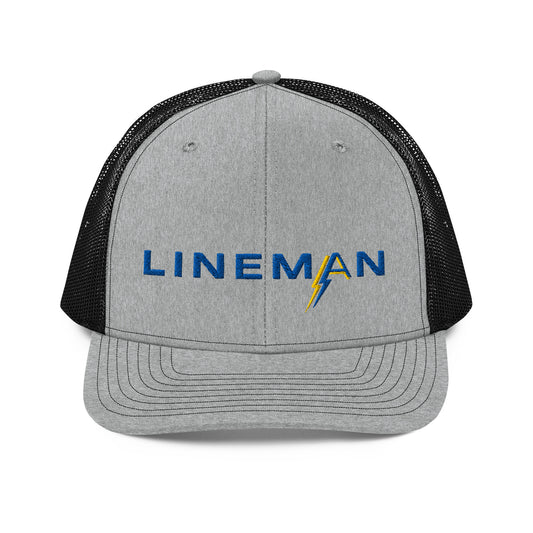 grey front black back Richardson Snapback trucker hat for linemen. ARC Apparel branded A in the word lineman.