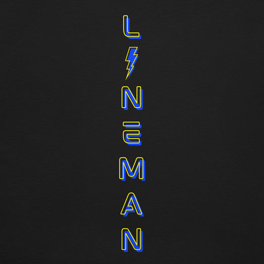 Close up Black lineman shirt with neon designed lineman text down the back in ARC Apparel colors. Lightning bolt replacing the i.