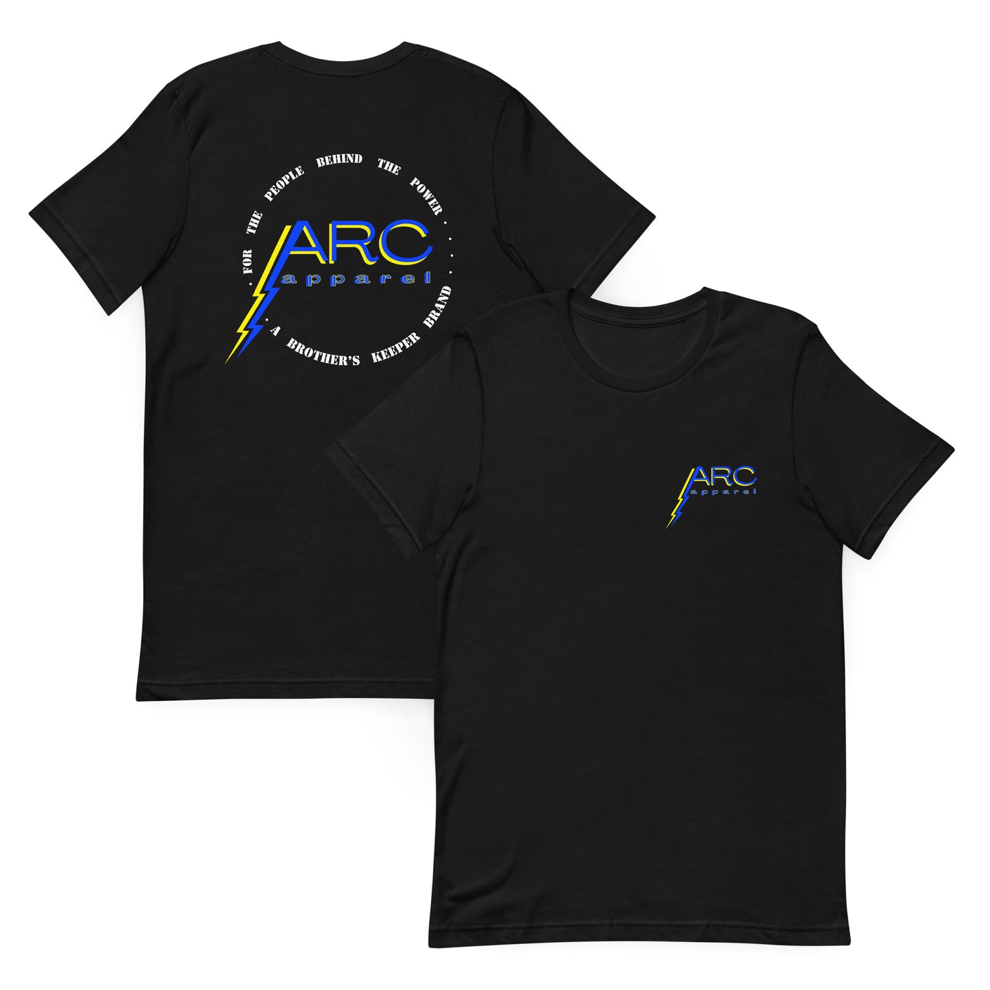 Black arc apparel lineman and electrician shirt. ARC Apparel logo on back with motto. arc apparel logo on front