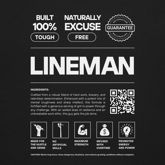 Close up black shirt for linemen. Text and icons for an ingredient list for a lineman. QR code to arc-apparel.com