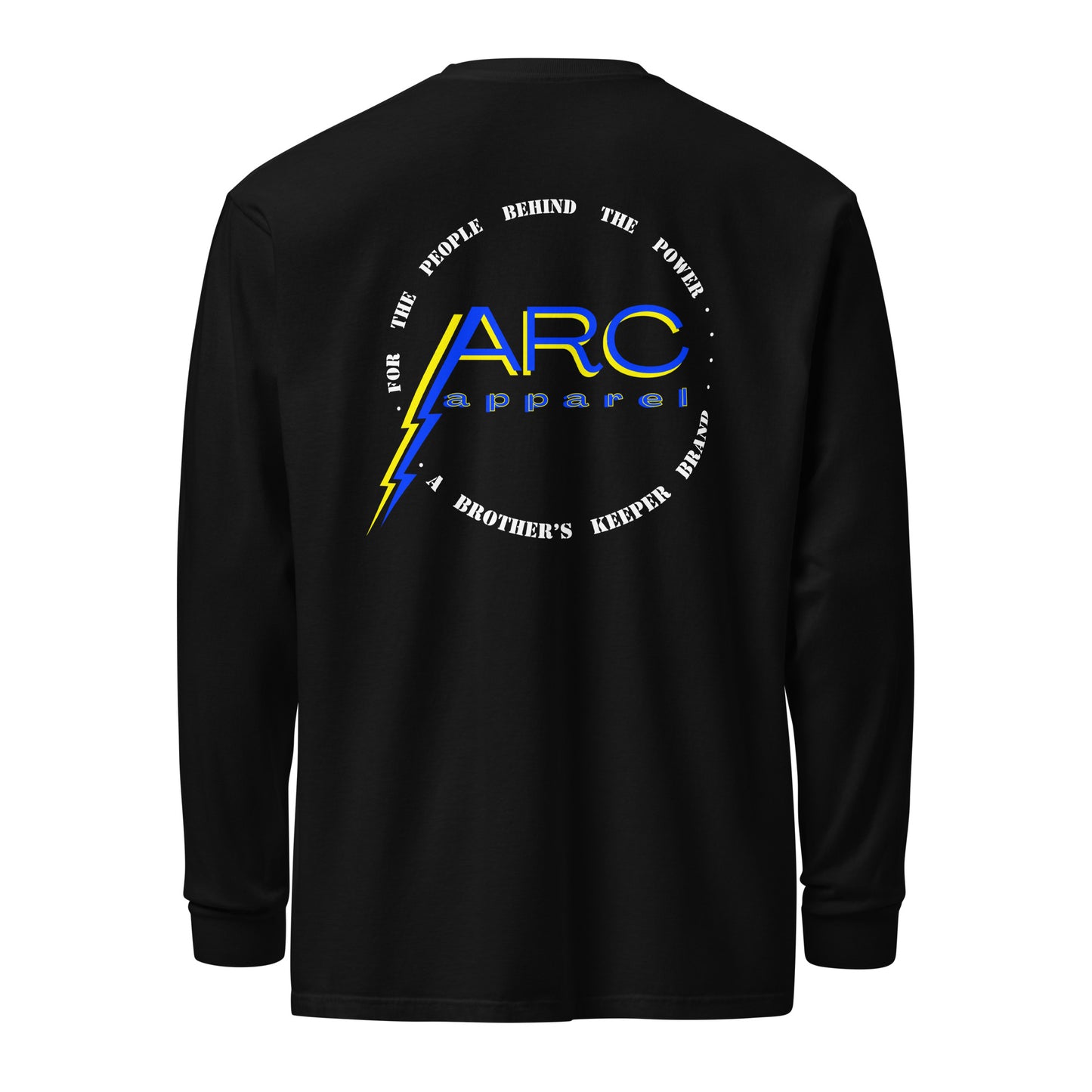 Black long sleeve arc apparel lineman and electrician shirt. ARC Apparel logo on back with motto.