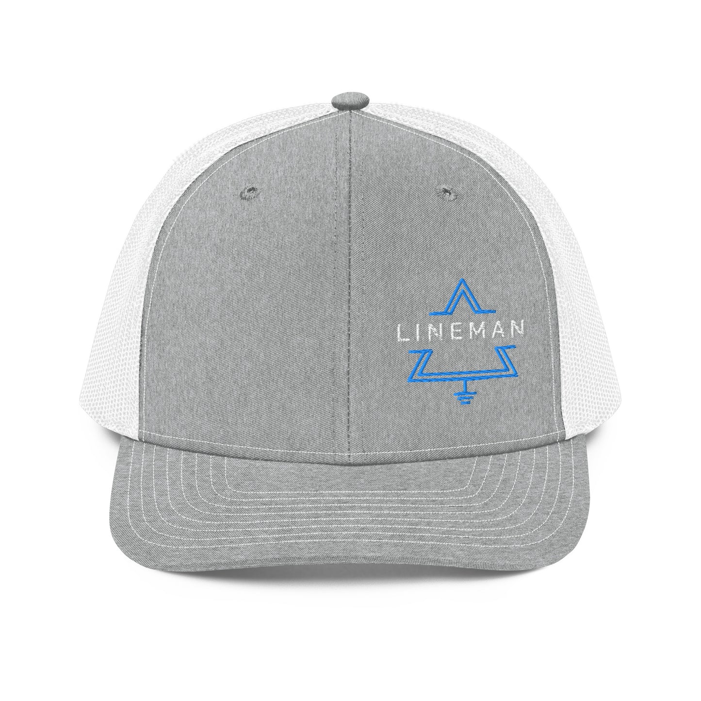 Grey front white back hat for linemen. lineman text inside a grounded delta symbol
