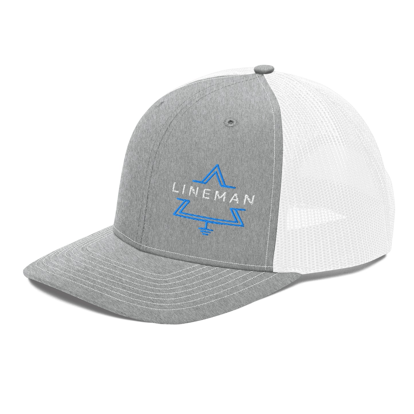 Side view Grey front white back hat for linemen. lineman text inside a grounded delta symbol